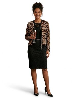 Chico's Black & Tan animal print gold zip polka dot Lined Jacket size small